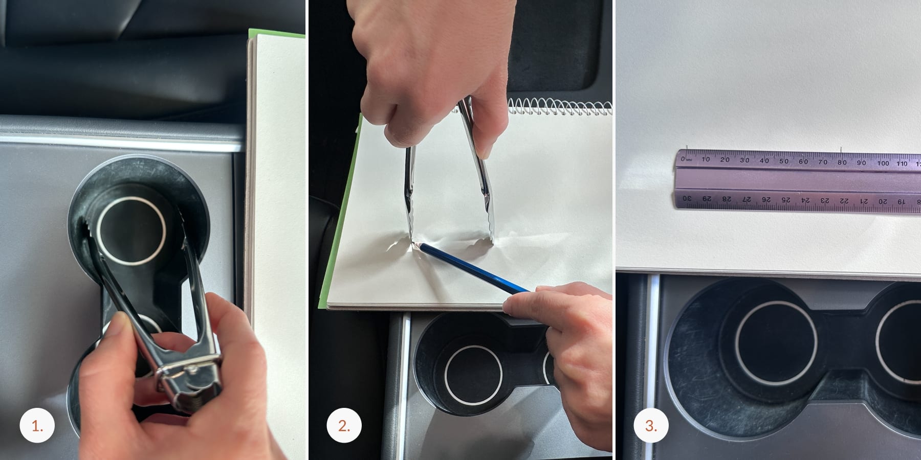 Measuring the internal diameter of your car cup holder using small kitchen tongs