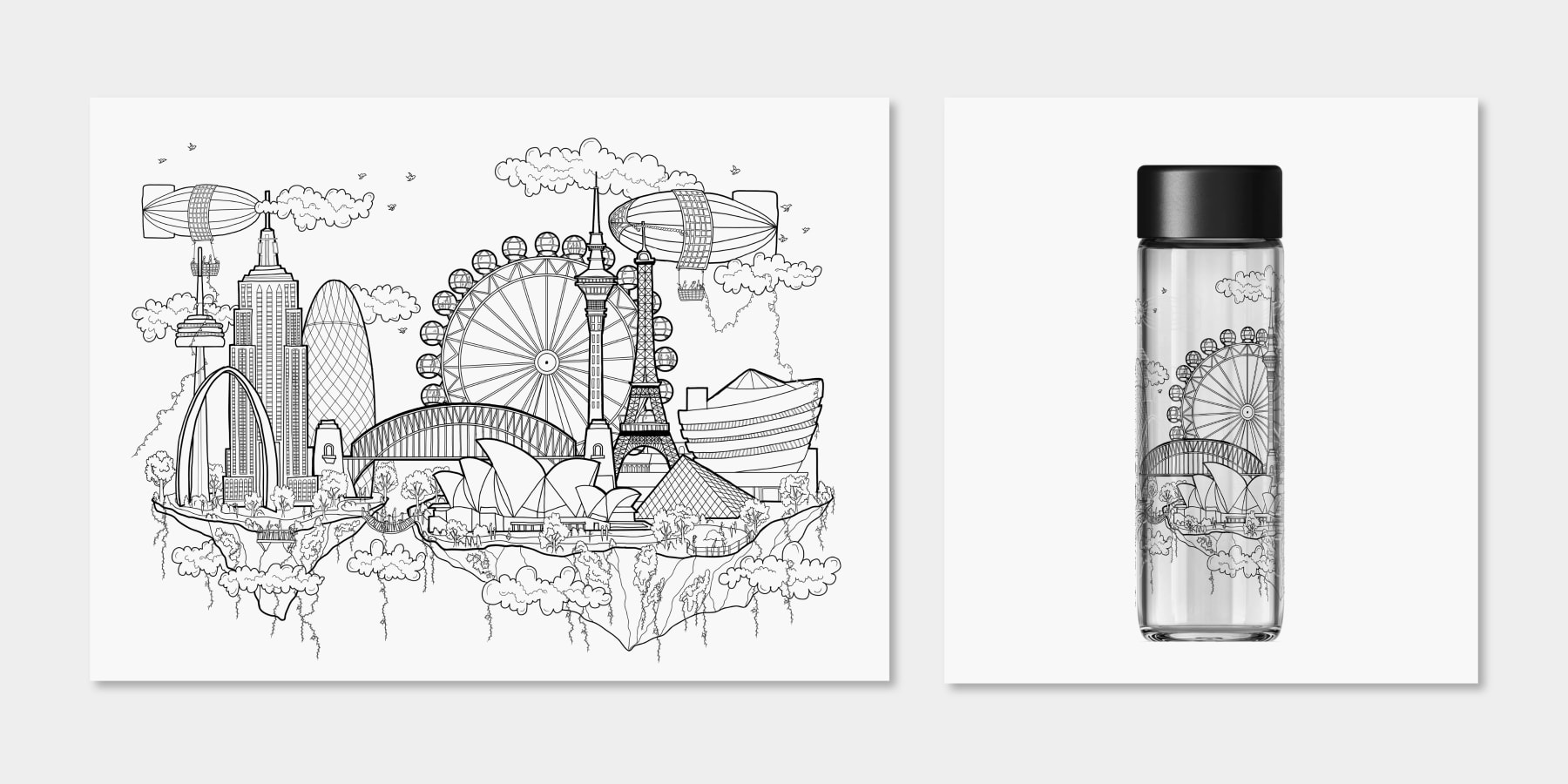 Ever Vessel Glass water bottle featuring New Zealand artist Ellie Compton’s artwork titled Land of Modern Icons