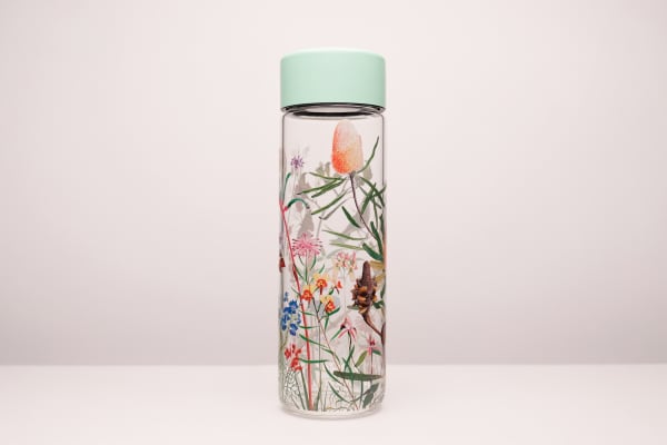 Custom water bottle of a flower design uv printed onto a glass Ever Vessel
